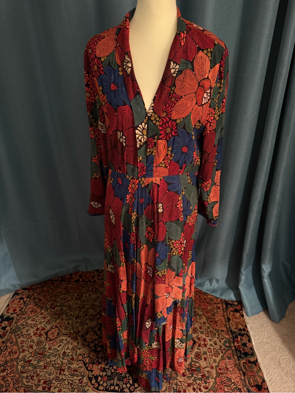 Farm Rio Red Floral Maxi Dress With Blue & Green Accents